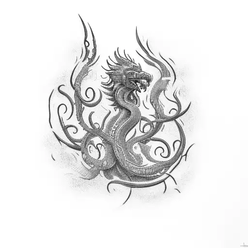 Design A Dotwork Tattoo Of A Hydra Rising From The Ashes Like A Phoenix