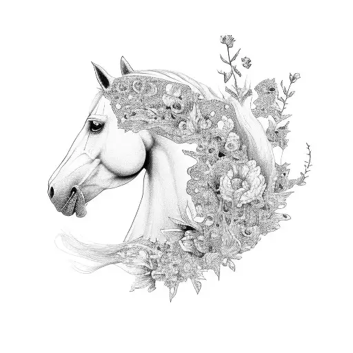 The Horse From The Cover Of The Deftones Band - White Pony On A Background Of Flowers