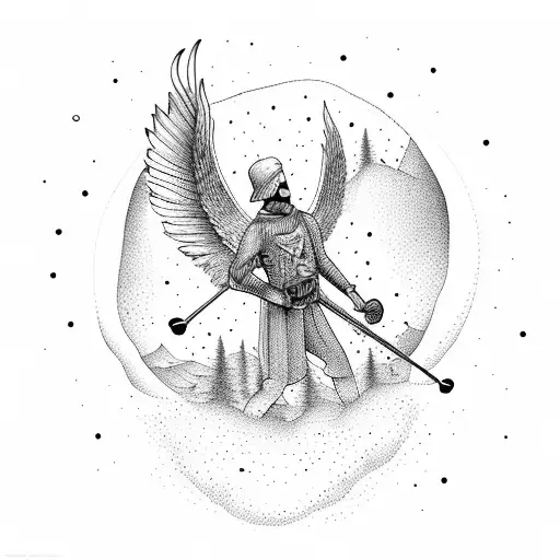 Woodland Backdrop Ski Slope Man On Skis Male Angel In Sky