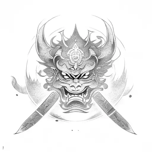 A Dotwork Tattoo Design Of A Hannya Mask Combined With A Japanese Sword In A Dramatic Composition