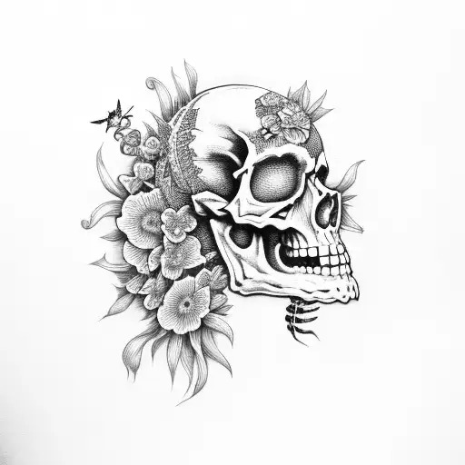 Side View Of Skeleton Surrounded By Wild Flowers And Dragonflies Fine Line High Detail