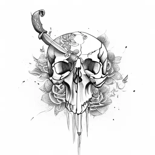 Scythe Behind A Skull With Rotting Flowers Around The Bottom Of The Skull