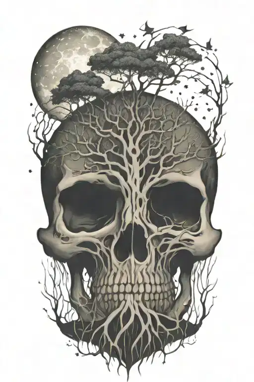 Tree Of Life With Moon And Stars And Roots Growing Out Of Skull