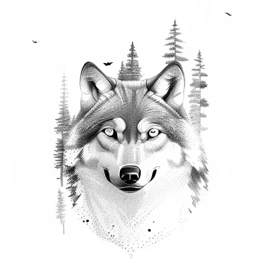 Redwood Forest With Wolf And Black Birds