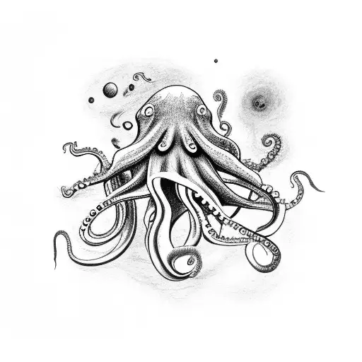 Realistic Octopus Grabbing Astronaut With Tentacle While Astronaut Is Abducted By Mushroom Ufo