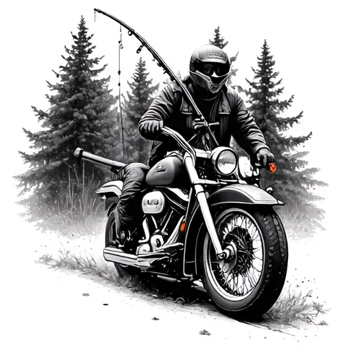 A Harley Motorcycle Riding Through A Forest With A Fishing Rod Strapped To The Back
