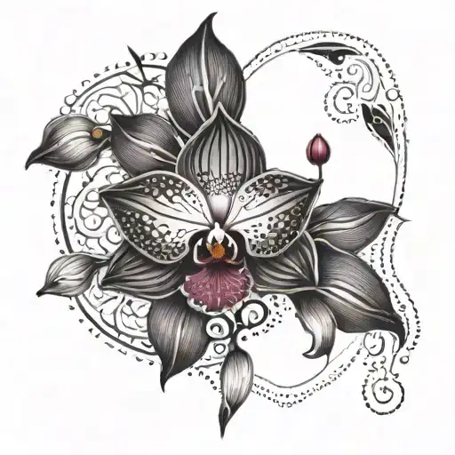 Black And Red Orchid With Mandala Design Incorporating