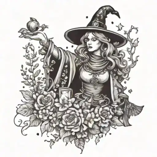 Witch Casting A Spell Surrounded By Flowers