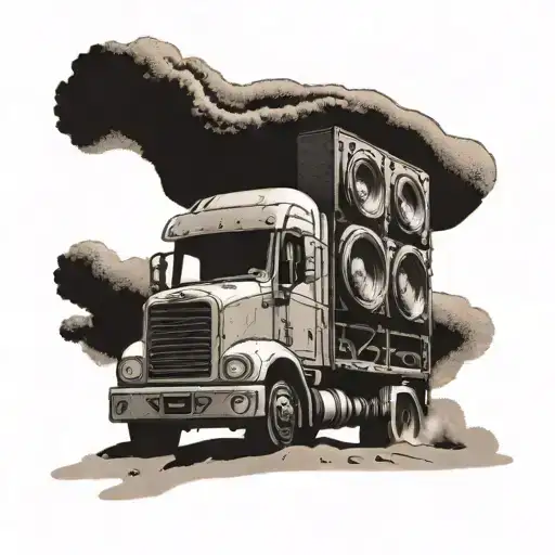 A Tattoo Of A Truck Hauling A Massive Stack Of Speakers On A Sandy Beach