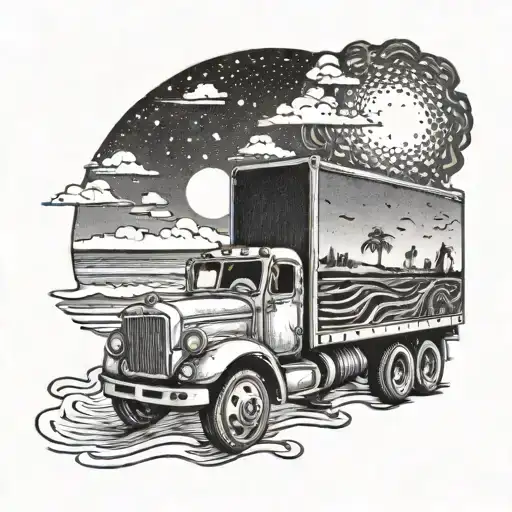 An Intricate Tattoo Featuring A Truck Driving Through A Beach Sunset