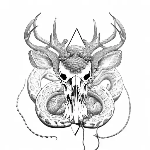 Deer Skull With Rattlesnakes Crawling Out Of It And Plants Growing Out Of It