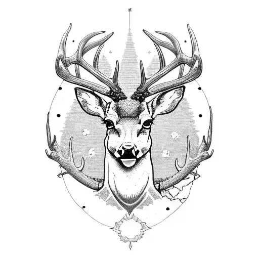 A Detailed Dotwork Tattoo Of A Majestic Deer With A Map Of The World As Its Antlers