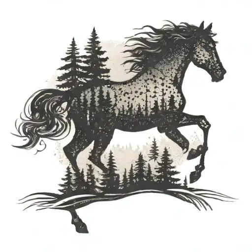 A Silhouette Of A Horse Galloping Through A Forest On A Mountain Trail