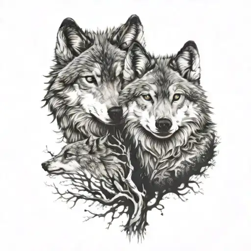 Two Wolf's Coming From The Sides Of A Tree