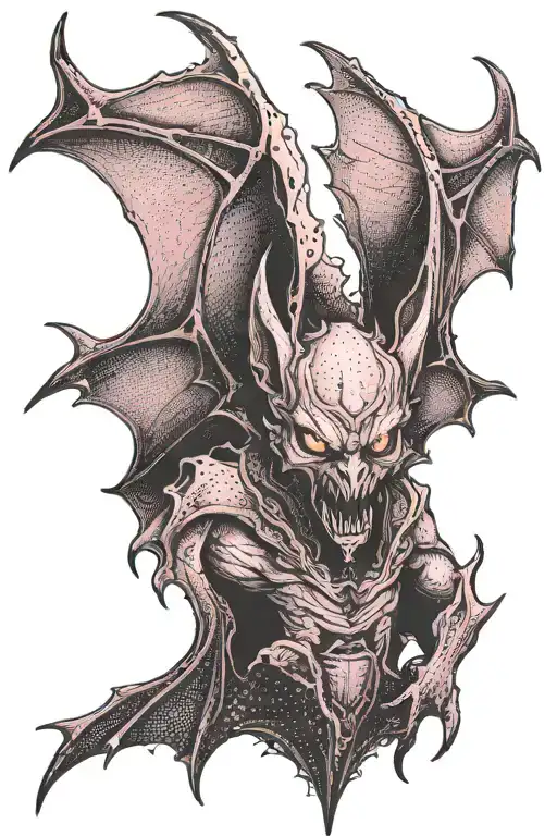 Bat-winged Demon With Wings Spread Pink Eyes Pointy Ears Dark Background