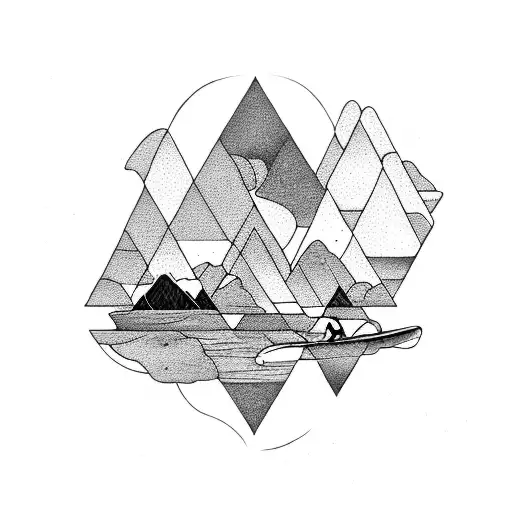 Triangle With Nature And Sea And Sunset In The Mountains And Surfer