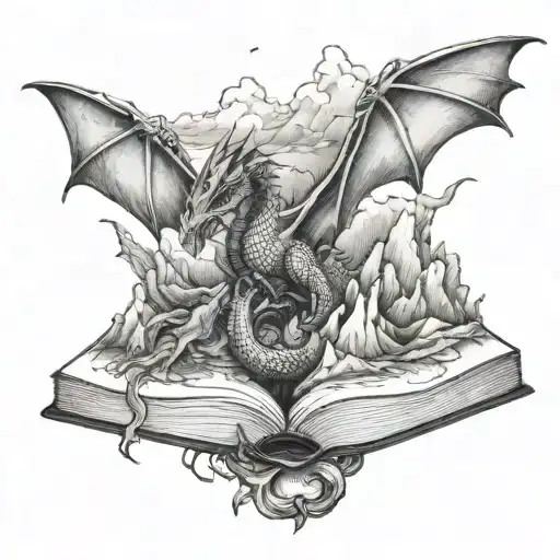 Book With Mountains And Dragons Flying