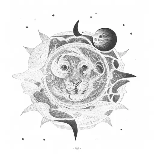 An Intricate Dotwork Design Of A Lunar Eclipse With A Galaxy Backdrop