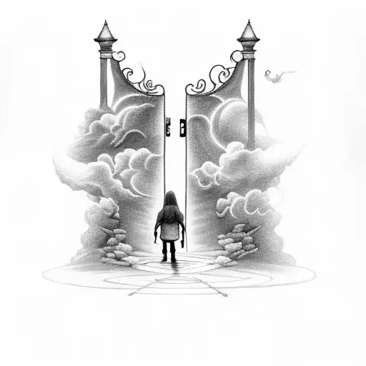 Heaven Gates And Stairs With Lightening Storm Above And Jesus Walking Child Up