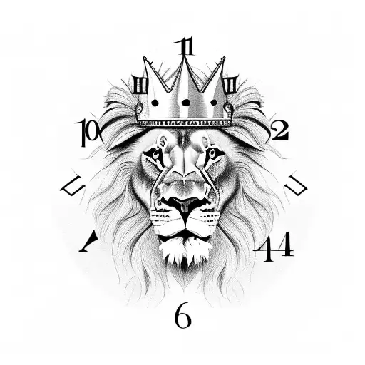 Lion Next To Clock Face While Wearing A Crown