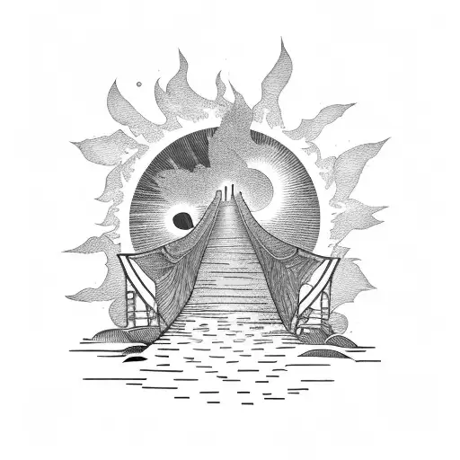 Man Watching A Burning Bridge In Front Of A Sunset