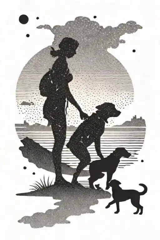 A Silhouette Of A Mother And Son Playing On The Beach With A Dog By Their Side