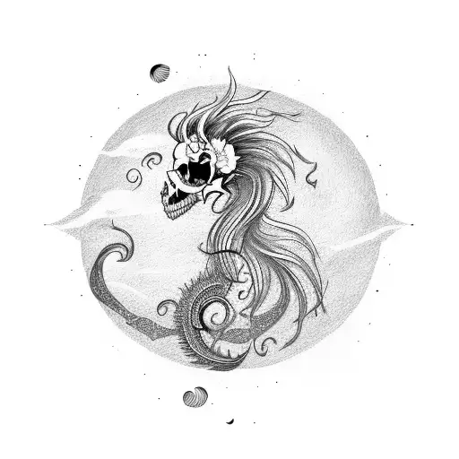 Sun Horse And Phoenix With A Skeleton Holding A Syth And A Rose