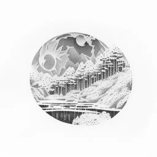 Landscape River Leading To Waterfall And The Moon Above The Waterfall