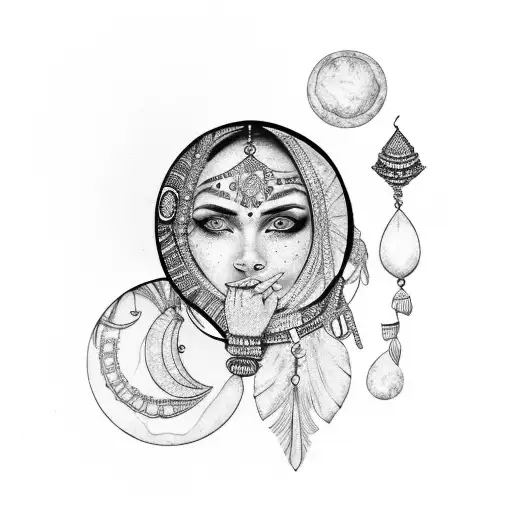 Woman With Indian Jewelry With Three Moons On Face And Blue Eyes