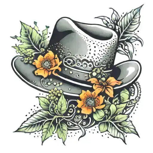 A Cowboy Hat Surrounded By Colorful Green And Orange Flowers In A Dotwork Style