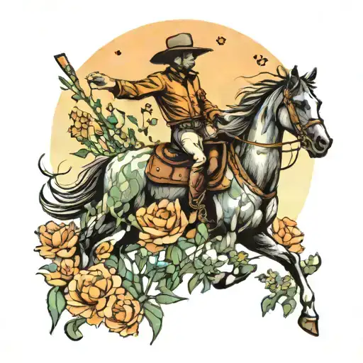 A Cowboy Riding A Horse Through A Field Of Orange And Green Flowers At Sunset