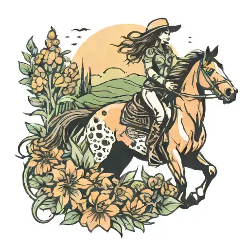 A Cowgirl Riding A Horse Through A Field Of Orange And Green Flowers At Sunset
