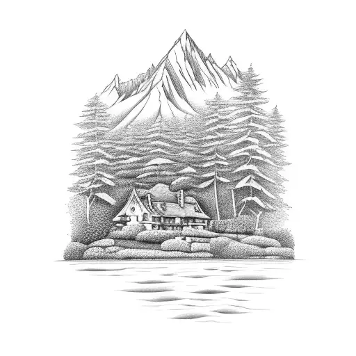 Mountain With Forest Lake And House Next To The Lake