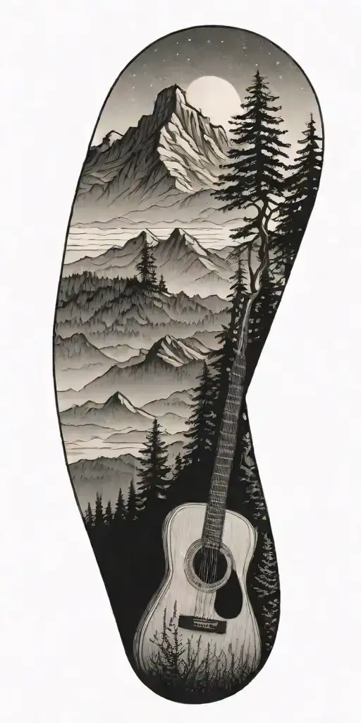 A Mountain Landscape With A Hiking Trail Winding Through It And A Guitar Leaning Against A Tree