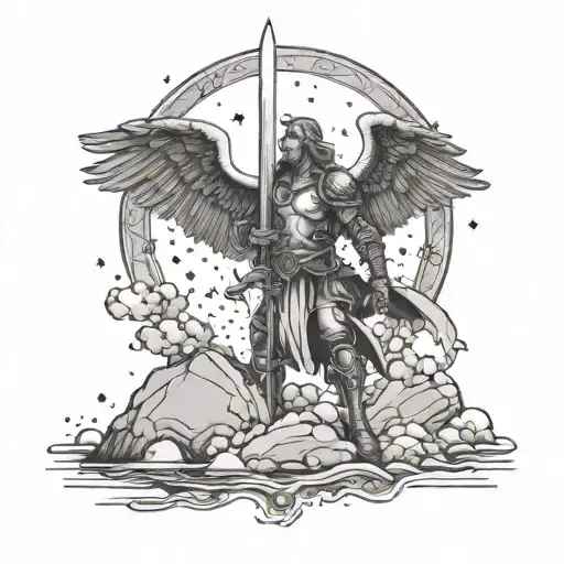 Arch Angel With Sword Surrounded By Stary Beach Night