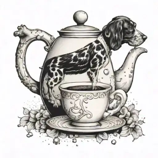A Dotwork Tattoo Of A Coffee Pot Pouring Into A Cup With A Springer Spaniel Curled Up Next To It