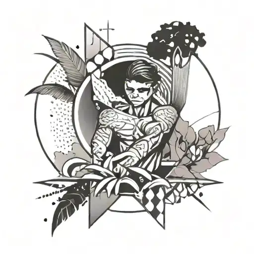 An Anime Character With A Beach Background Incorporating Geometric Patterns