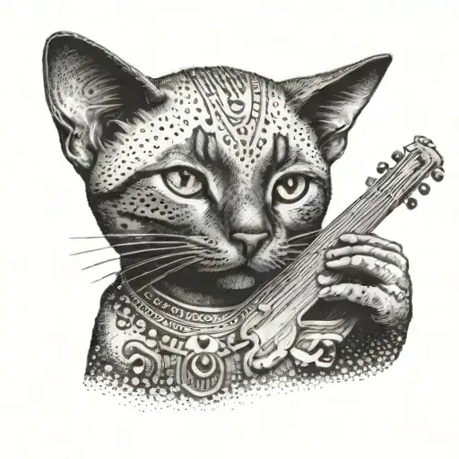 A Dotwork Portrait Of A Siamese Cat Playing A Musical Instrument