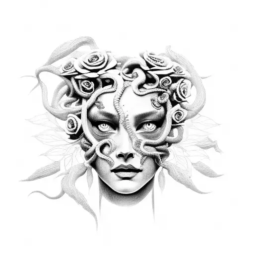 Medusa Half Gorgan Face Half Woman Face Surrounded By Black And White Roses