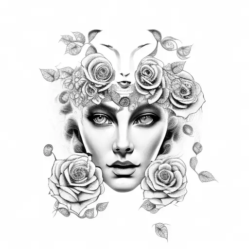 Medusa Half Gorgan Face Half Woman Face Surrounded By Black And White Roses