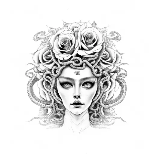 Medusa Half Gorgan Face Half Woman Face Surrounded By Black Roses And White Roses And Snake Hair