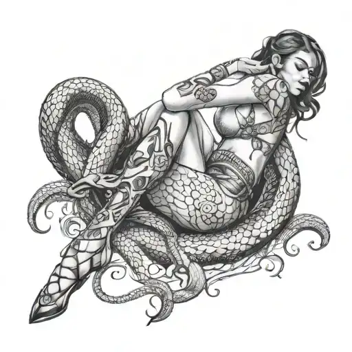 A Sultry Dancer With Snake Tattoos Winding Up Her Legs
