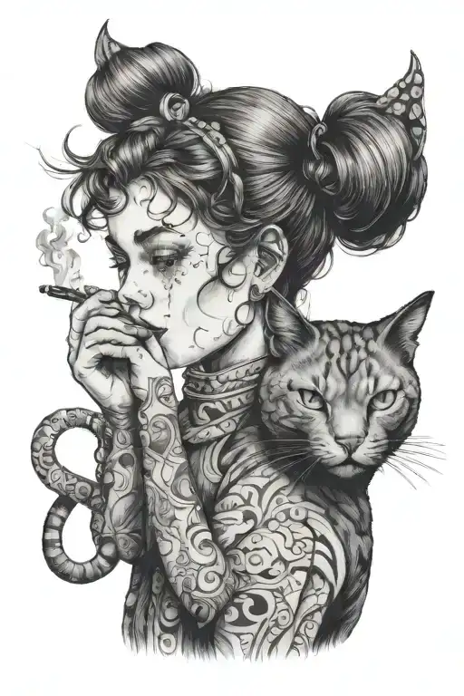 Girl With A Cigarette In Her Mouth And A Cat In Her Arms