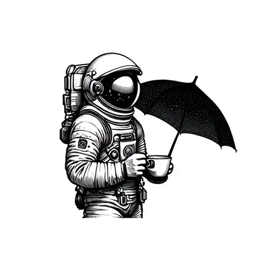 Astronaut With A Cup Of Coffee Holding An Open Umbrella