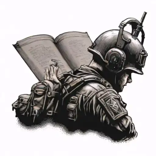 A Soldier Reading A Book With A Military Helmet Beside Them