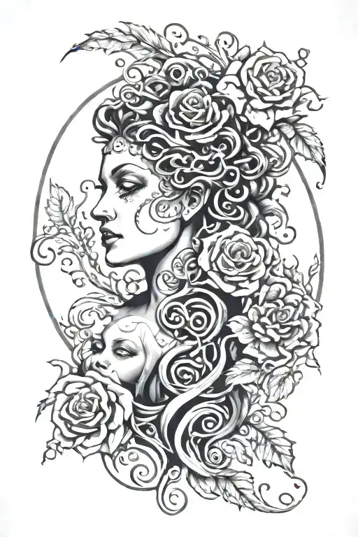 Medusa Myth Face With Moon And Rose Surrounded By Flame