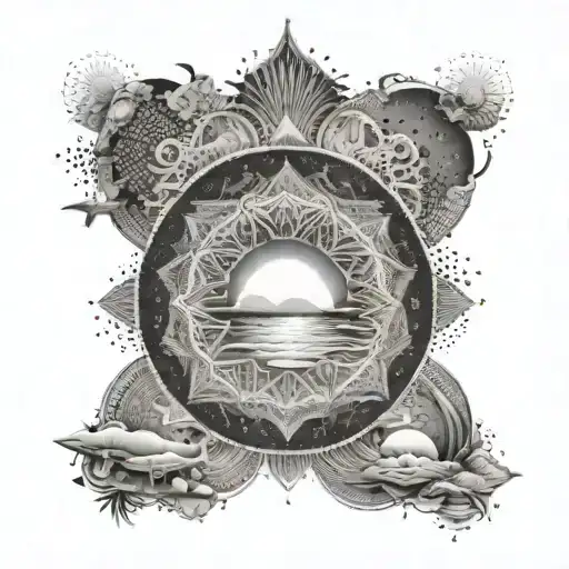 A Beach Landscape With Intricate Mandala Patterns In The Sky
