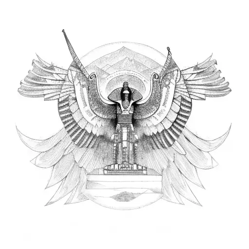 Egyptian Sphinx With Wings In Front Of Aztec And Egyptian Pyramids