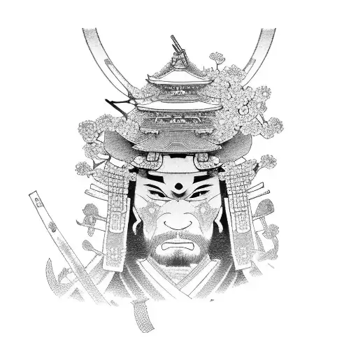 Samurai With Japanese Temple And Cherry Blossom