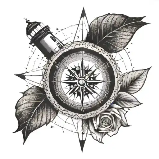 A Geometric Rose Compass With A Lighthouse Silhouette In The Background